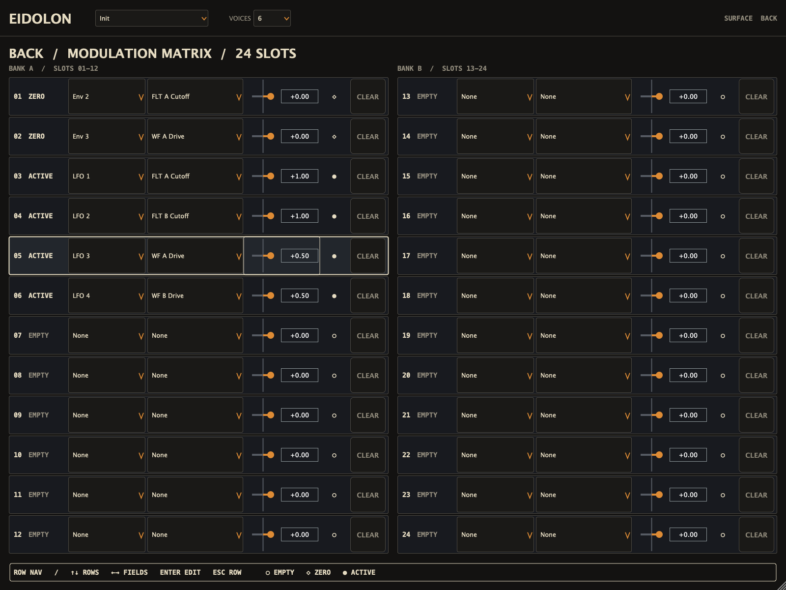 Eidolon's 24-slot modulation matrix, routing twelve sources to twenty targets