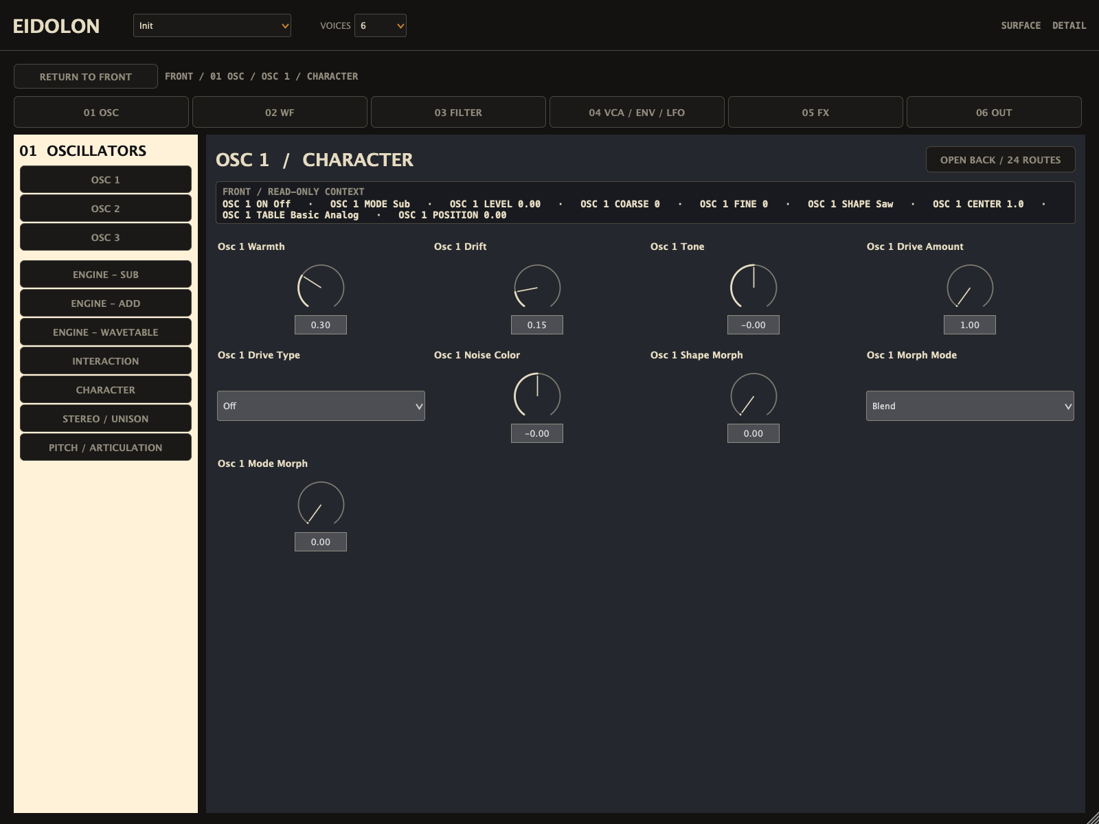 Eidolon detail view for a selected section, showing its full parameter set