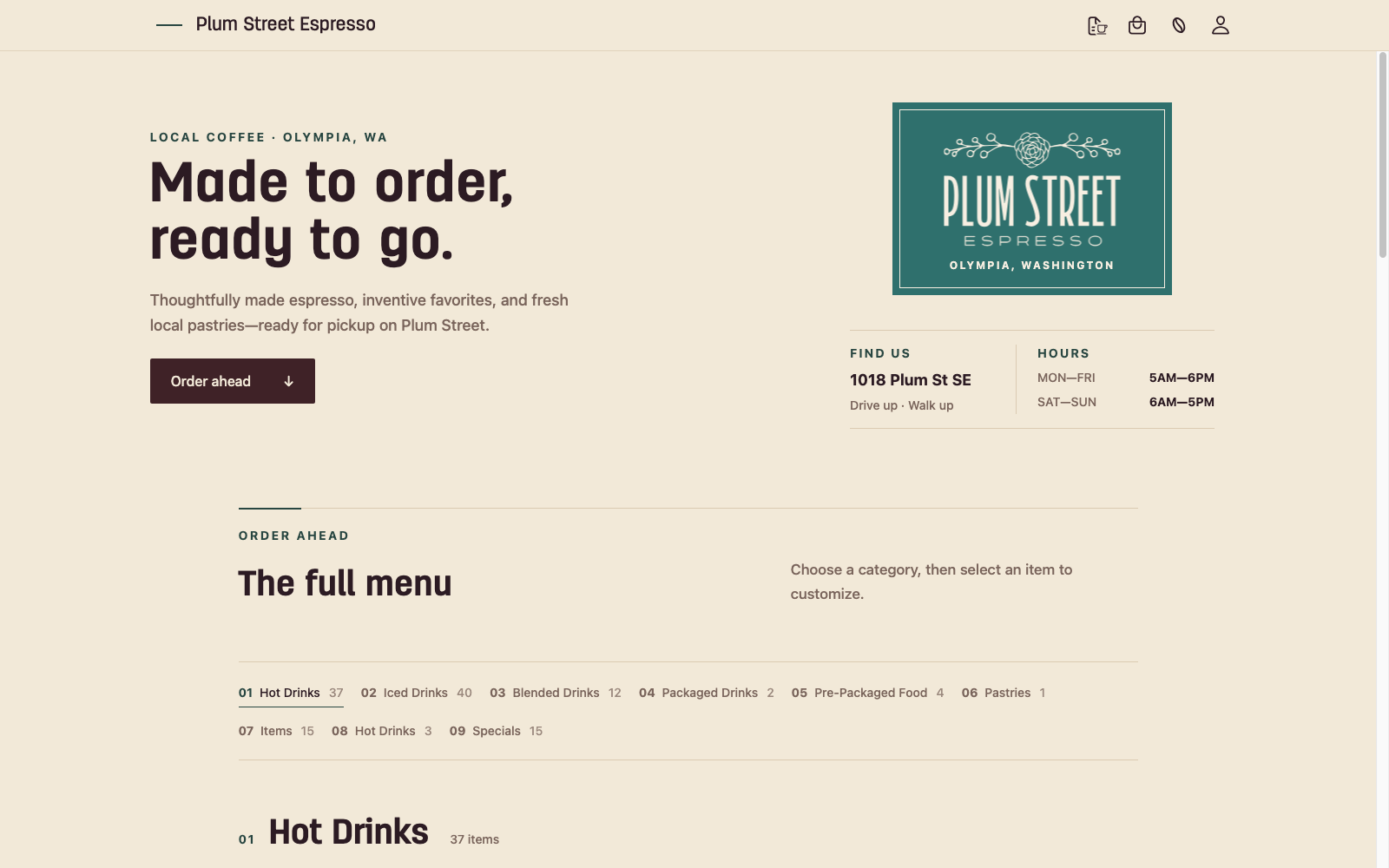 The Plum Street Espresso ordering site: a "Made to order, ready to go" hero beside the shop wordmark, address and opening hours, above the full menu listing nine categories with a live item count against each, drawn from the cafe's own Square catalogue.